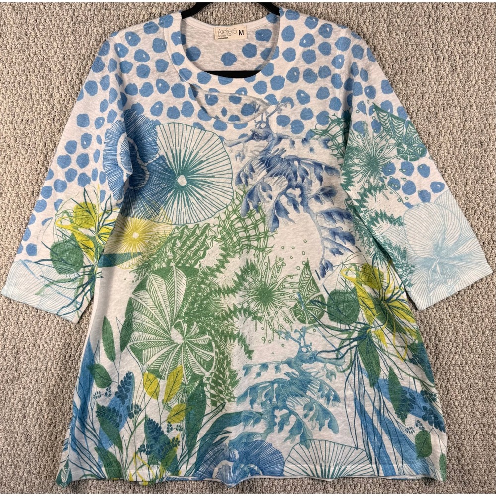 Atelier5 Gozde Yilmaz Tunic Top Size M White Blue Sea Life Coastal Art Shirt